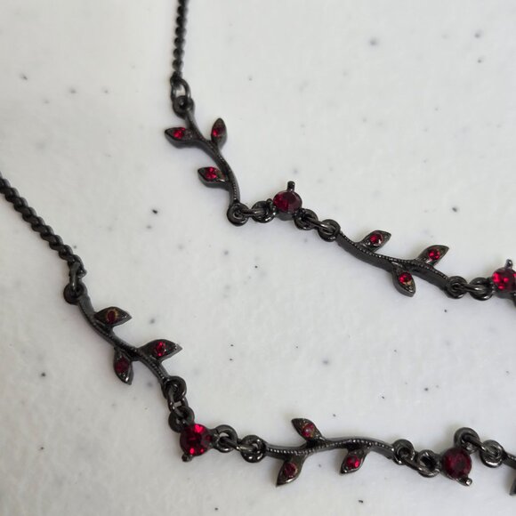 1928 Necklace Rhinestone Red Black Floral Romantic Goth Gothic Style Dainty - Picture 2 of 7